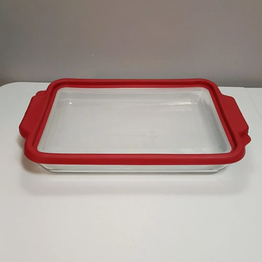 Anchor Hocking 3 Qt Glass Baking Dish w/ Red Lid 9.5x13.5 Made in USA
